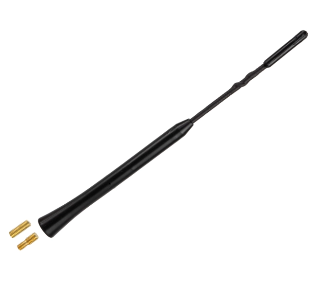 Schwarzer ACV AM/FM Antennenstab mit 23 cm Länge und zwei goldfarbenen Gewindeadaptern für M5- und M6-Anschlüsse.
