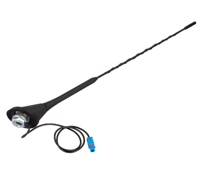 Schwarze ACV AM/FM Dachantenne mit langem 16V-Antennenstab, Antennenfuß, Anschlusskabel und blauem Fakra-Stecker.