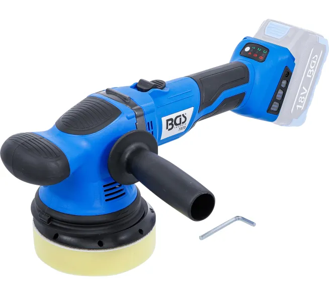 BGS technic Akku-Exzenter-Poliermaschine bürstenlos in der Produktansicht, für Bearbeitungs-, Reinigungs- und Montagearbeiten in der Werkstatt.