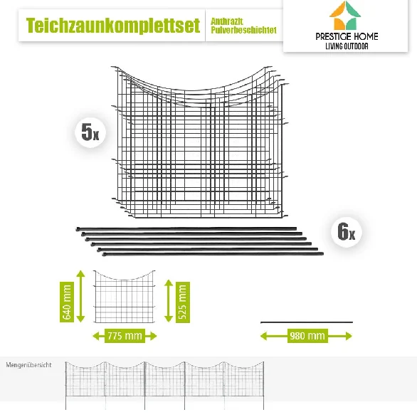 Technische Übersicht des anthrazitfarbenen Teichzaun-Unterbogen-Sets mit fünf Elementen, sechs Pfosten und Maßen.