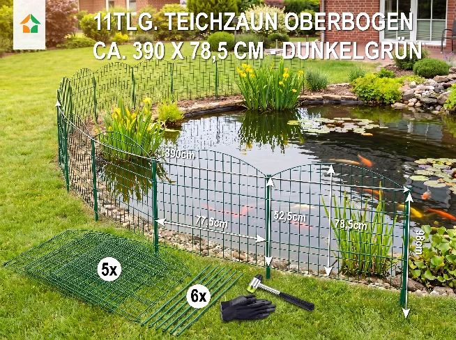Grünes Teichzaun-Oberbogen-Set mit fünf Elementen, sechs Pfosten, Hammer und Handschuhen am Gartenteich.