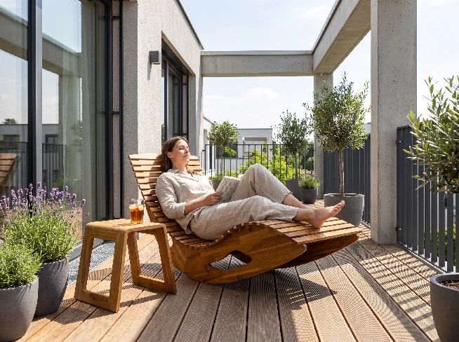 Frau entspannt auf einer geschwungenen Akazienholz-Liege auf einer sonnigen Terrasse.