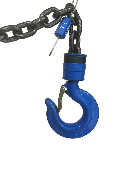 Nahaufnahme von schwarzer Lastkette und blauem Lasthaken eines Kettenzugs.