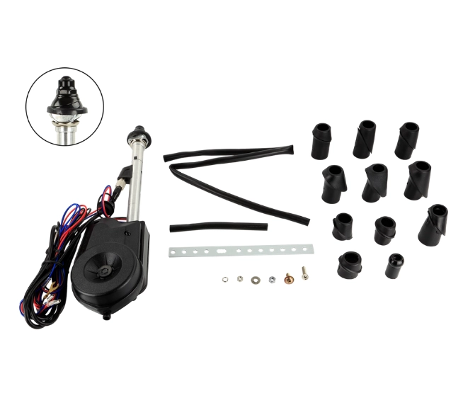Schwarze ACV PRO Teleskop-Motorantenne mit Antennenmotor, Anschlusskabeln, Montageadaptern und Befestigungsmaterial.