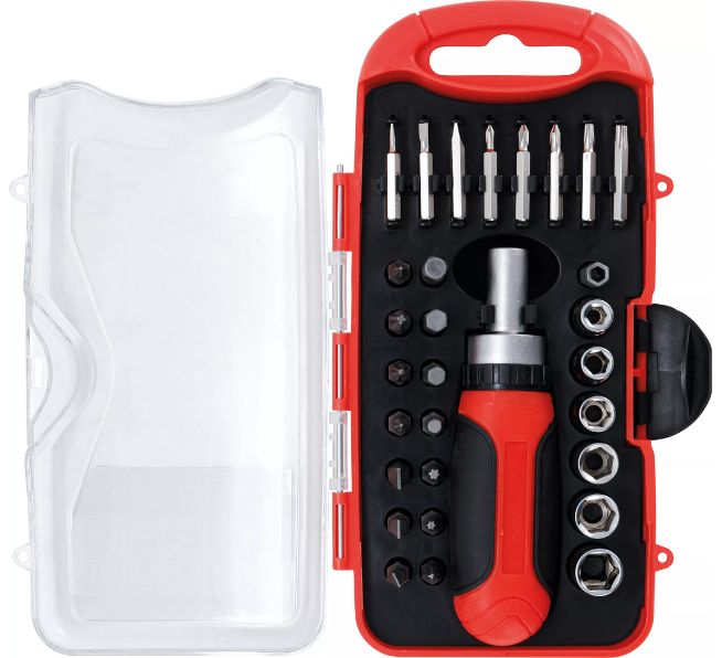 BGS TECHNIC Bit-/Steckschlüssel-Einsatz-Satz mit Ratschen-Drehgriff für Bits, umschaltbar