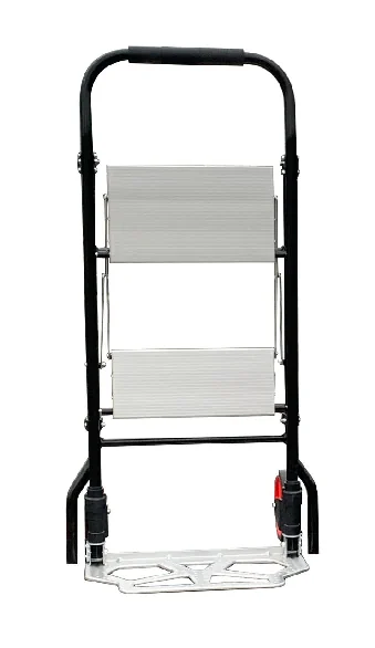 2-in-1-Transportkarre mit zwei Aluminium-Trittstufen, schwarzem Griff und hochgeklappter Ladefläche.
