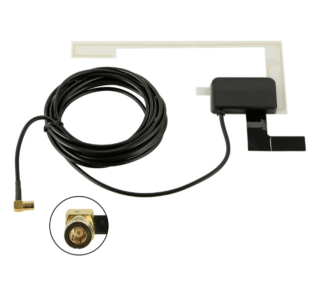 ACV PRO DAB+ Glasklebeantenne mit selbstklebenden Antennenstreifen, schwarzem Empfangsmodul, drei Meter langem Kabel und abgewinkeltem SMB-Anschluss.