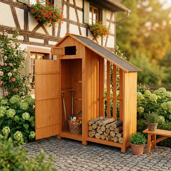 Brauner Holz-Geräteschrank mit geöffneter Tür und seitlichem Brennholzfach vor einem Fachwerkhaus.