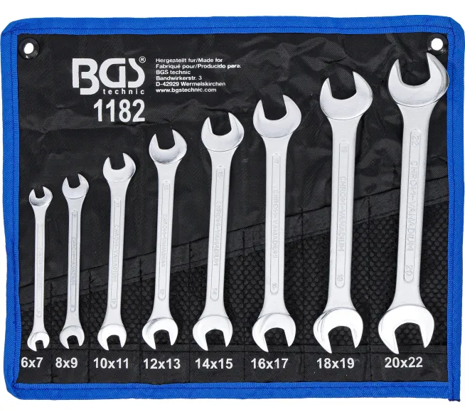 BGS technic Doppel-Maulschlüssel-Satz in der Produktansicht, als übersichtliches Werkzeugset für Werkstatt, Garage und Montage.