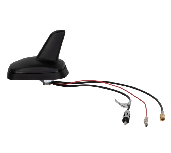 Schwarze ACV Shark-Dachantenne für FM und DAB+ mit drei Anschlussleitungen für DIN, SMB und externe 12-Volt-Speisung.