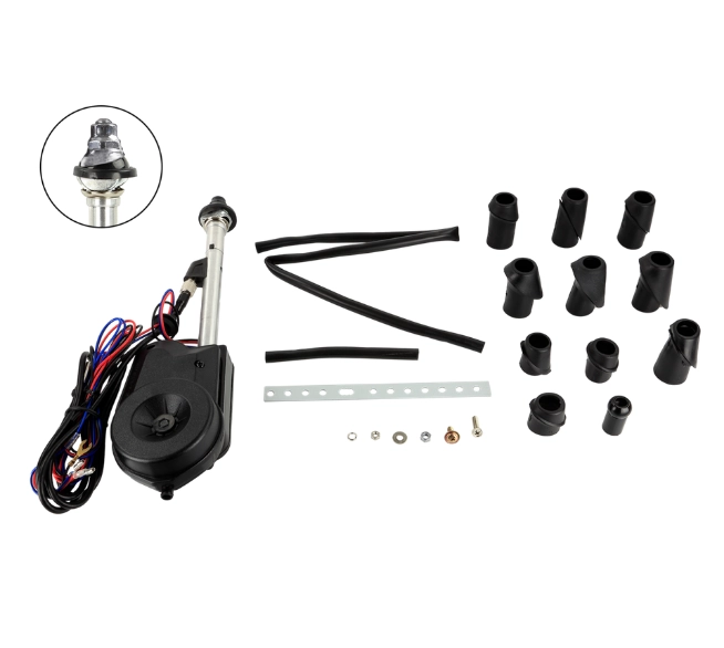ACV PRO elektrische Teleskopantenne in Chrom mit Antennenmotor, Kabelsatz, Montagewinkeln, Adapterhülsen und Befestigungsmaterial