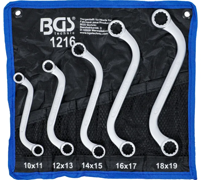 BGS technic Doppel-Ringschlüssel-Satz S-Form in der Produktansicht, als übersichtliches Werkzeugset für Werkstatt, Garage und Montage.
