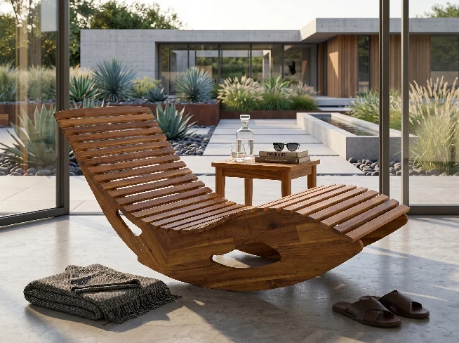 Geschwungene Holzliege mit Beistelltisch auf einer modernen Terrasse neben Pool und Wohnhaus.