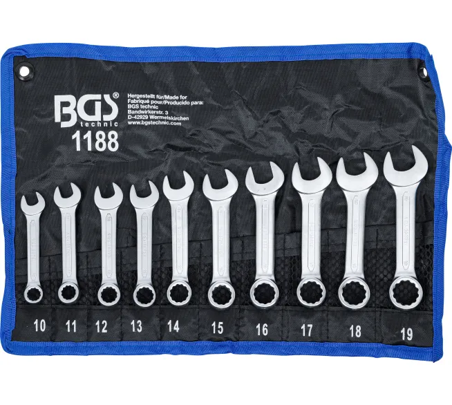 BGS technic Maul-Ringschlüssel-Satz extra kurz in der Produktansicht, als übersichtliches Werkzeugset für Werkstatt, Garage und Montage.
