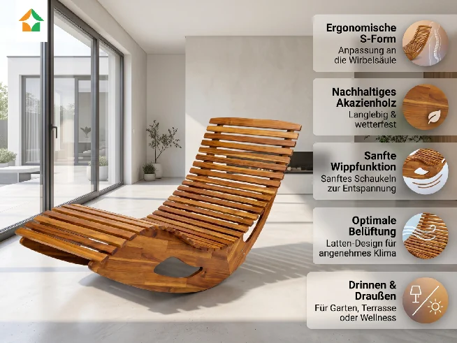Geschwungene Holzliege im hellen Wohnraum mit eingeblendeten Hinweisen zu Ergonomie, Akazienholz und Belüftung.