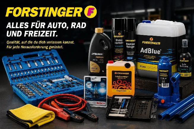 Forstinger Sortiment für Autozubehör und Fahrzeugpflege mit Werkzeug, Autobatterien, Motoröl, AdBlue, Bremsenreiniger, Scheibenreiniger, Starthilfekabel und weiterem Kfz-Zubehör.