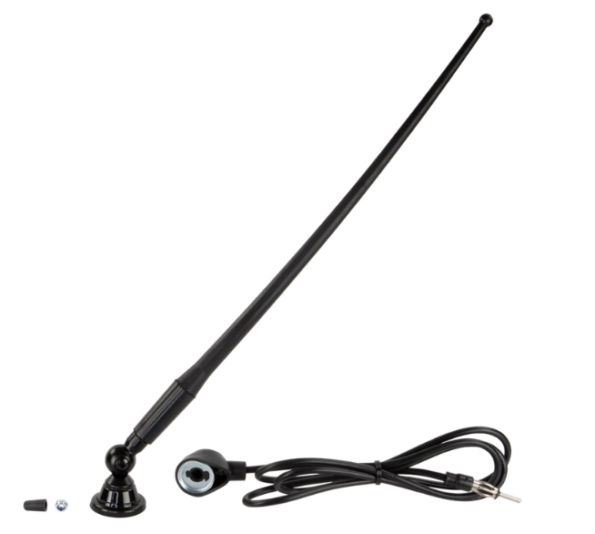 Schwarze ACV Universal-Dachantenne mit flexiblem Gummistab, verstellbarem Antennenfuß, Anschlusskabel und DIN-Stecker.