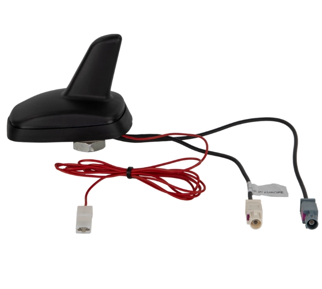 Schwarze ACV Shark-Dachantenne für FM und DAB+ mit weißem und grauem Fakra-Stecker sowie roter 12-Volt-Anschlussleitung.