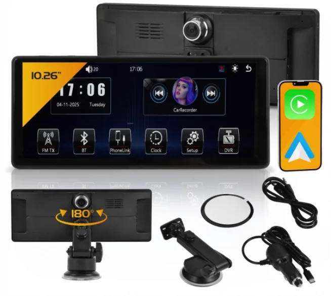 Technaxx TX-367 Lieferumfang mit Display, Smartphone, Halterung und Anschlusskabeln