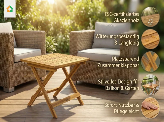 Holz-Klapptisch zwischen zwei Sesseln mit eingeblendeten Hinweisen zu FSC-Holz, Wetterfestigkeit und Klappfunktion.
