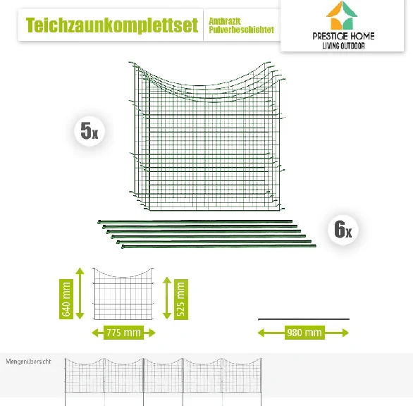 Technische Übersicht des grünen Teichzaun-Sets mit fünf Unterbogen-Elementen, sechs Pfosten und Maßangaben.