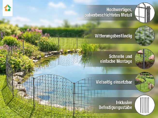 Grüner Teichzaun mit Oberbogen rund um einen Gartenteich und eingeblendeten Produktmerkmalen.